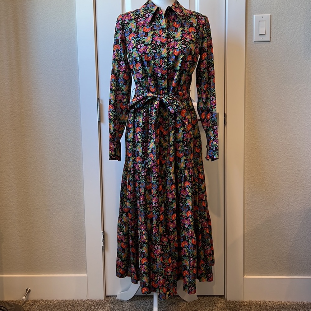 NWT Boden Tiered Maxi Dress Floral Print on Black Background Size 2